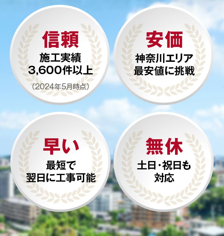 施工実績3,600件以上の信頼・神奈川エリア最安値に挑戦・神奈川のみなさまには最短で翌日に工事可能・土日・祝日も対応